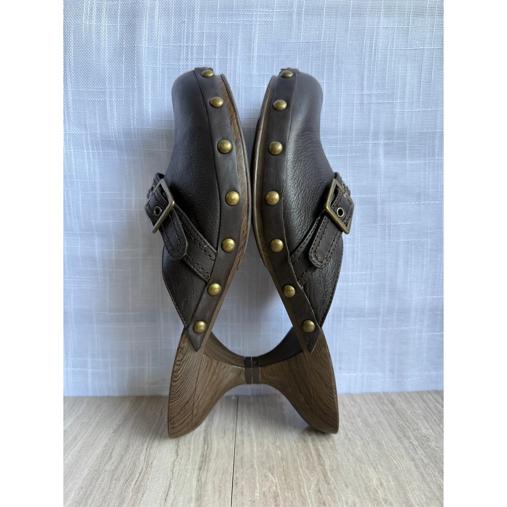 Vera Wang Brown Buckle Mules Chunky Wooden Kitten Heel Clogs Studded Sz 10 Boho - Picture 5 of 12